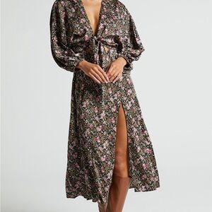 NWT Showpo Floral Print Long Sleeve Thigh Split Midi Dress